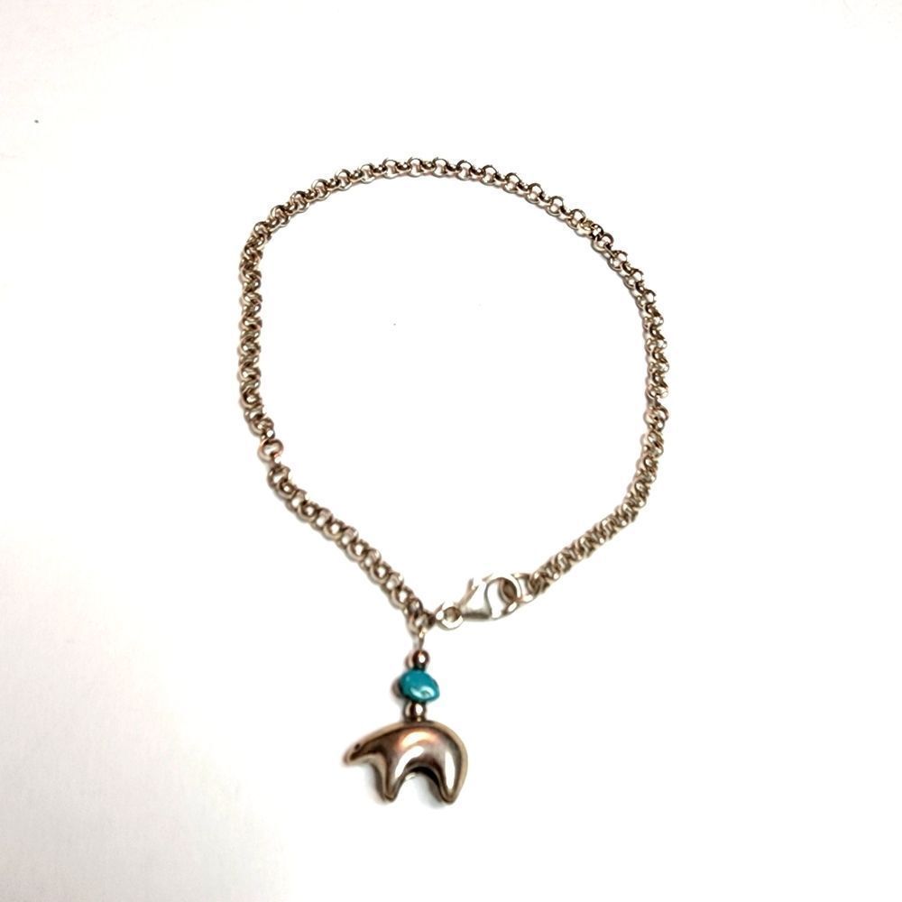 Turquoise and Silver Ankle Bracelet with Bear Charm 9"